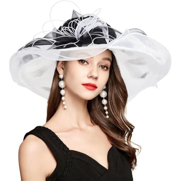 Derby Hats for Women, Classy Organza Sun Hat, Black White main image 4